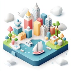 Futuristic Isometric Cityscape on Tranquil Bay with Sailing Boats, White Background, Generative Ai