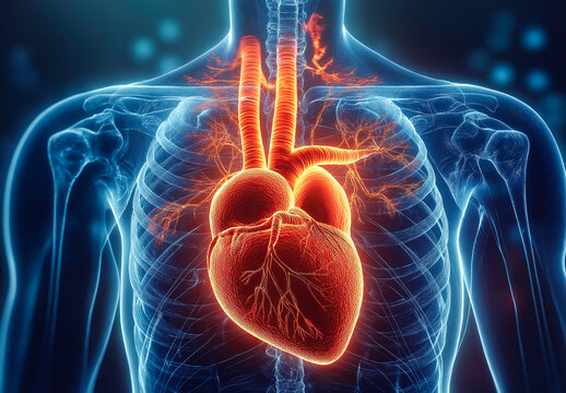 An X-ray image shows a red human heart inside a chest. The concept highlights medical diagnostics and the importance of heart health. Generative AI.