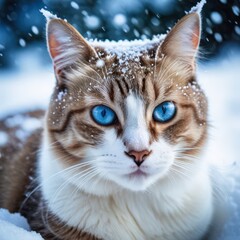 Fototapeta premium Blue-Eyed Majesty: A Winter Portrait of a Snow-Covered Feline