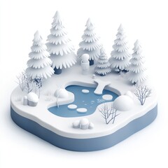 Winter Wonderland Isometric Cubic Scene with Snow-Covered Trees and Frozen Lake on White Background, Generative Ai