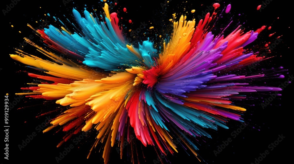 Wall mural fantastic spiral explosion colorful liquid paint splatter on black background