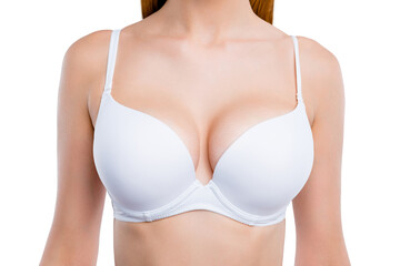 Cropped close-up portrait of nice attractive adorable girl chest after uplift injection wearing...