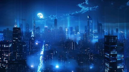 big city at night with skyscrapers, blue and realistic with generative ai