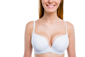Cropped close-up portrait of nice confident attractive lovely cheerful cheery blonde girl chest after uplift injection wearing bra isolated over light gray background