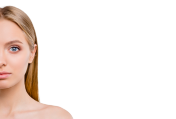 Close-up cropped half-face portrait of nice cute attractive adorable lovely winsome calm blonde girl pure smooth clean clear flawless skin copy empty blank space isolated over light gray background