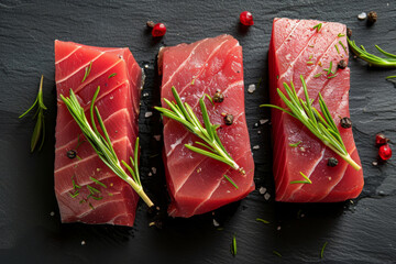 Fresh tuna steaks with rosemary and pepper on dark slate background