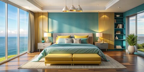 37. modern luxury sea blue and yellow interior of a bedroom with a bed and pillows