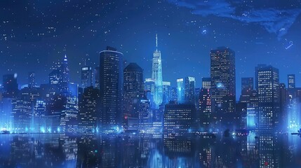 Fototapeta premium big city at night with skyscrapers, blue and realistic with generative ai