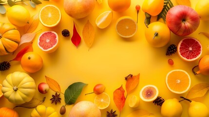 Citrus fruits - lemons, grapefruits - on yellow background mockup, frame top-down copy space