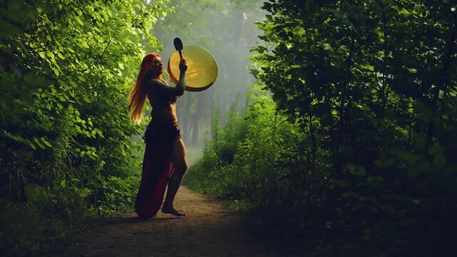 Dark shadow silhouette woman playing on shaman frame drum musical instrument, plays music beats melody fun happy ritual dance. forest green trees fog sun light. Boho dress Girl drummer video art 4k