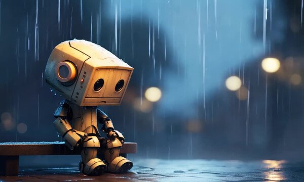 cute little sad robot sits in rain animation