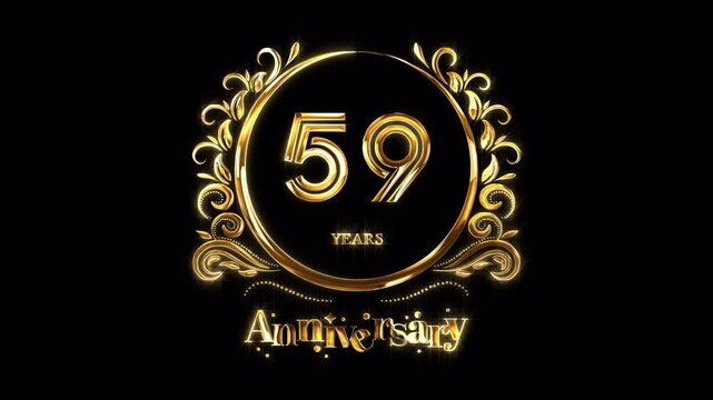 59th Anniversary Celebration. Happy 59 Years Anniversary Animation in Gold Color on the Transparent Background, Alpha Channel. Great for greetings, celebrations, events, and gifts.