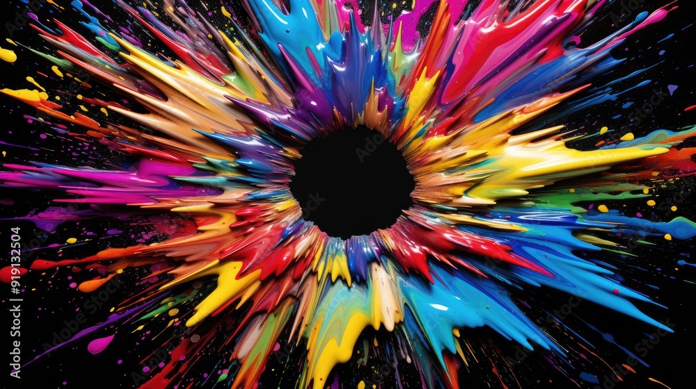 Wall mural Fantastic spiral explosion colorful liquid paint splatter on black background