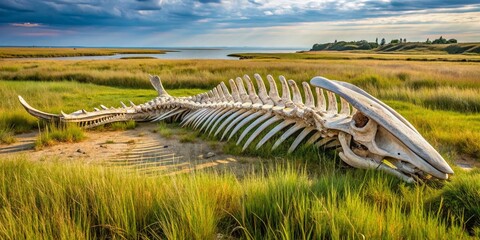 A weathered whale skeleton lies partially buried in the salty marsh grass of Cape Cod, Massachusetts, its massive bones worn by time and tide.