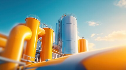 Obraz premium Advanced 3D Visualization of Biofuel Production Process, Biomass Conversion Technology Concept with Copy Space for Text, Side View Perspective