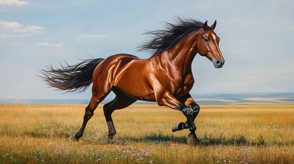 Majestic Horse Galloping in Sunlit Field -  Stock Photo