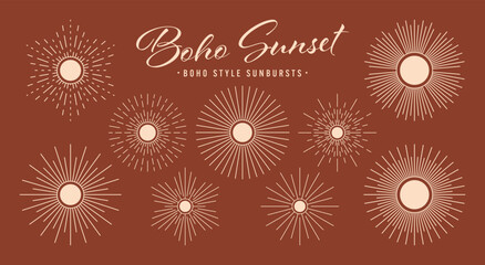 Vintage sunburst, sunset beams collection. Boho style, modern minimalist bohemian design. Hand drawn bursting sun, light rays. Logotype or lettering design element in retro style. Vector illustration