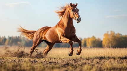 Obraz premium Majestic Horse Galloping in a Sunlit Field - Stunning Stock Photo