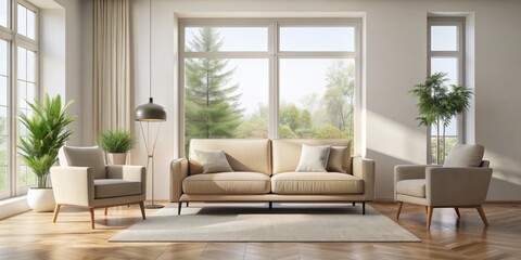 Sleek beige sofa and armchair sit on creamy hardwood floors surrounded by minimalist decor, natural light pouring in through large windows in modern living space.