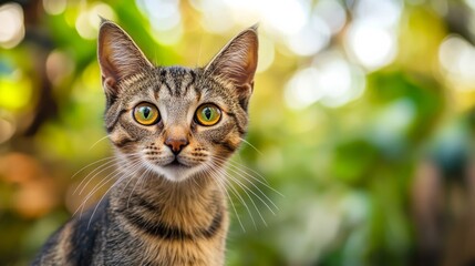 A playful brown tabby cat with bright eyes and an inquisitive expression, set against a backdrop of blurred greens and browns that hint at a natural environment,