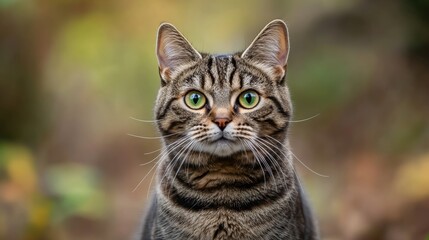 Fototapeta premium A playful brown tabby cat with bright eyes and an inquisitive expression, set against a backdrop of blurred greens and browns that hint at a natural environment,