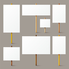 Blank white protest sign with wooden holder. Various realistic vector demonstration banners. Strike action cardboard placard mockup. Social advertisement. Vector illustration