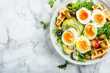 Healthy breakfast or brunch featuring boiled eggs, salad with avocado, olives and cheese waffles on a white marble background with copy space top view