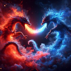 Red flames and blue flames collide.