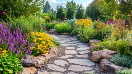 Stone Path Through a Vibrant Garden
