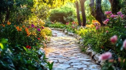 Stone Path Through a Flower Garden