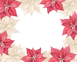 Watercolor horizontal frame with poinsettia flowers. Christmas frame with space for text. Red and white flower Christmas star. New Year holiday card, invitation, congratulations.