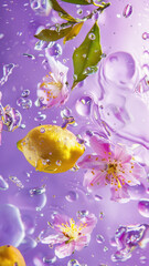 Fototapeta premium Lemon and cherry blossom floating in water with bubbles on purple background