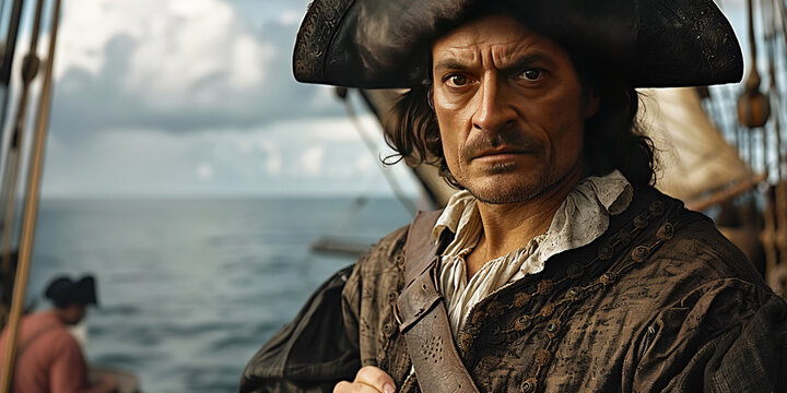 Columbus Christopher the navigator Spaniard traveler in a cocked hat on a galleon ship, background of the sails of the mast with a deck in the sea waves.