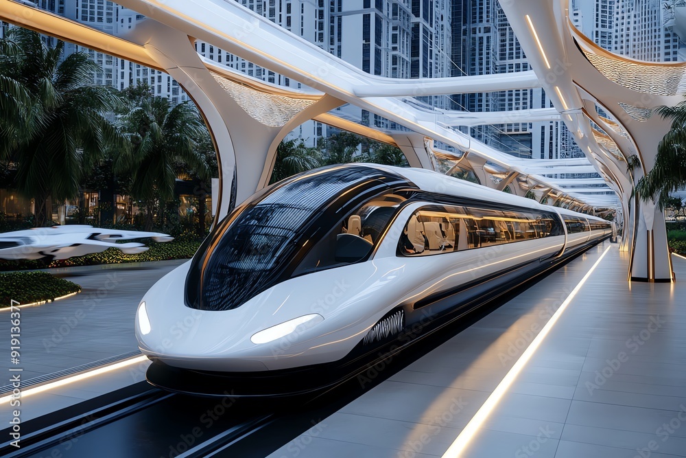 Poster a futuristic transportation hub with hyperloop stations, flying cars, and ai-driven traffic control 