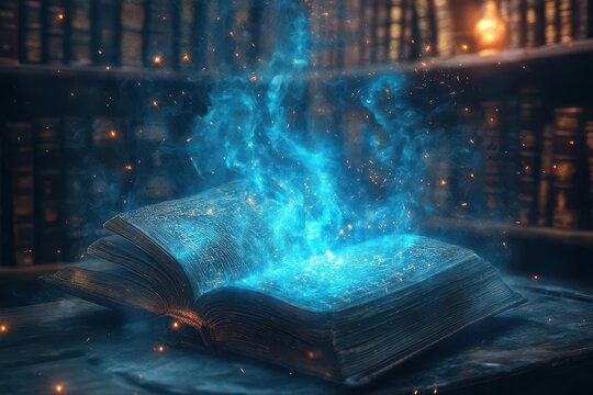 ancient magical tome radiating mystical energy swirling arcane symbols and ghostly wisps emerging from open pages surrounded by dimly lit bookshelves in enchanted library