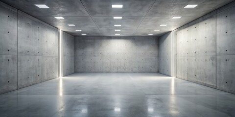 Bare, brightly lit grey concrete room with smooth walls, empty and devoid of furniture, fixtures or decorations, awaiting creative interpretation and use.