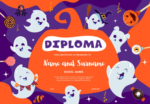 Halloween kids diploma with cute kawaii ghost characters. Kids graduation award, child competition winner vector certificate or Halloween holiday celebration diploma with cheerful ghosts personages