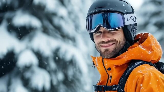beautiful young man guy skiing wearing helmet on a trip outdoor activity in winter snow season holiday or Ice skating 