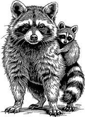 Raccoon and his cub. Engraving style.