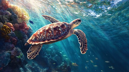 Obraz premium Majestic Sea Turtle Gracefully Swimming in Crystal Clear Water