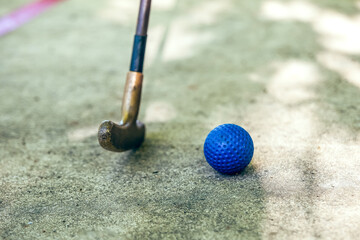 blue mini golf ball is on a green surface next to a golf club