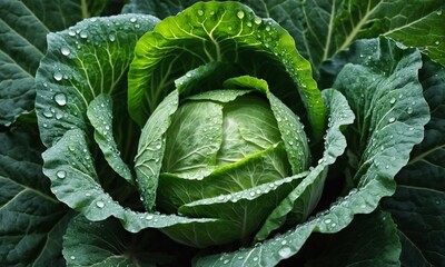 Obraz premium Closeup of a green cabbage with water droplets on the leaves