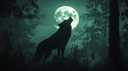 Majestic Wolf Howling at Full Moon in Dense Forest