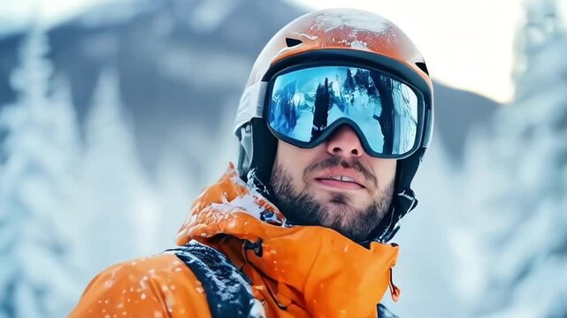 beautiful young man guy skiing wearing helmet on a trip outdoor activity in winter snow season holiday or Ice skating 