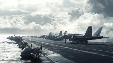 Military Aircraft Carrier at Sea with Fighter Jets