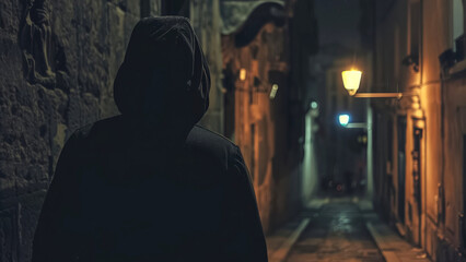 Obraz premium A mysterious figure cloaked in shadows lurks in a dark alley, under the faint glow of street lights. The scene exudes an eerie and dangerous vibe