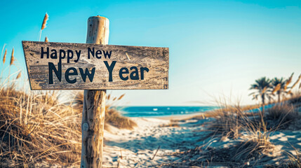 A wooden sign with the inscription "Happy New Year 2025" on the background of the beach and the surf. The concept of celebrating the new Year.