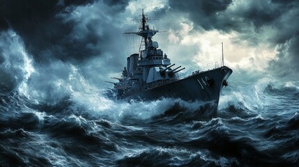 Naval Warship Braving Rough Seas with Guns Poised