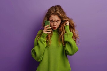 A woman is holding a cell phone while wearing a green sweater