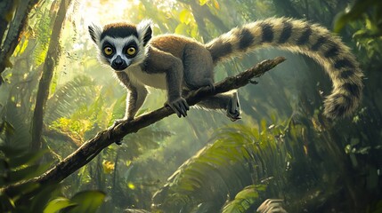 Obraz premium Playful Lemur Leaps Through Tree Branches in a Dense Forest
